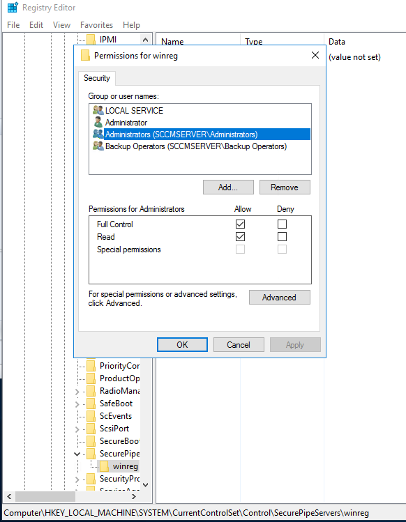 Troubleshooting insufficient access due to remote registry access issue